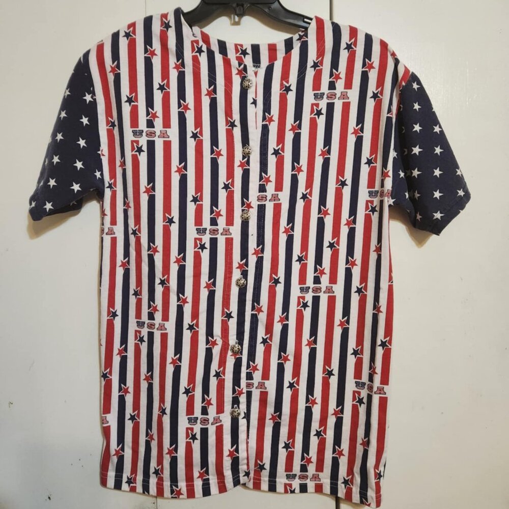 Vtg Green Field USA Patriotic Stars Stripes Button Front Shirt Large 4th July